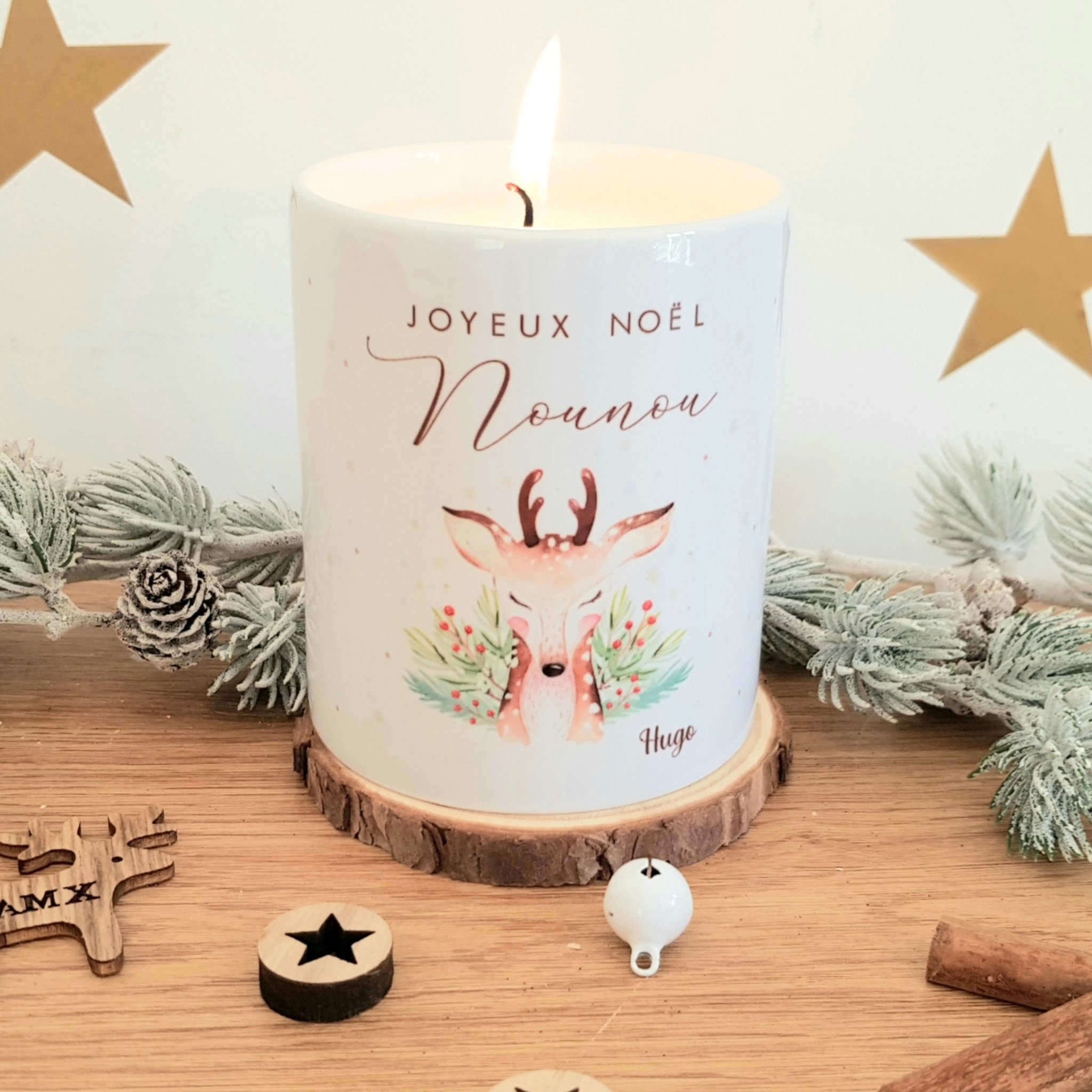 Bougie de Noël Nounou/ Bougie Personnalisé/ Cadeau Cerf Noel