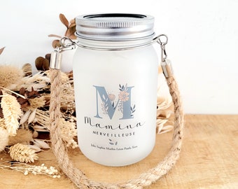 Lanterne Mason Jar personnalisée/lanterne verre dépoli personnalisable/mason jar personnalisable/cadeau fête des grands mères/Mamily intiale