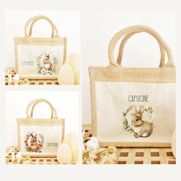 Panier Pâques enfant personnalisé/sac jute pâques personnalisé/sac lapin pâques/panier pâques enfant/petit sac pâques/panier couronne lapin