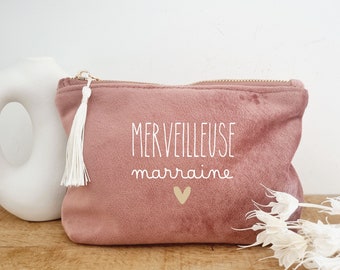 Trousse velours rose  Marraine/petite trousse velours personnalisée/trousse velours marraine merveilleuse/cadeau marraine/ baptême/marraine