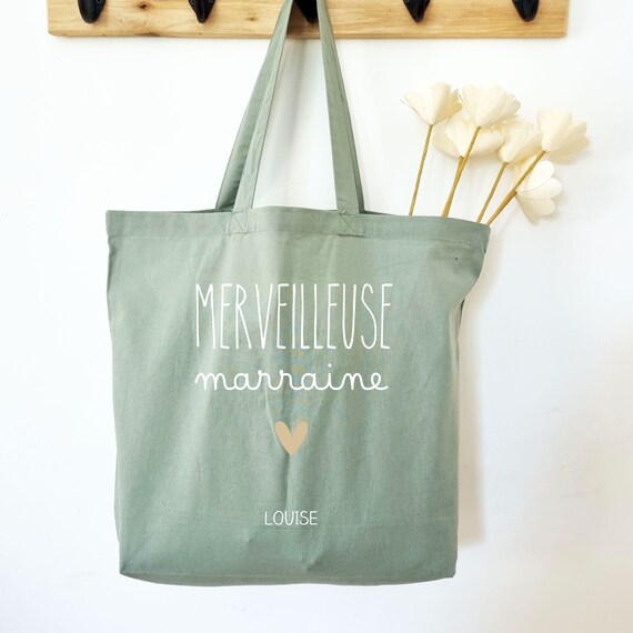 Maxi tote bag vert sauge Marraine/tote bag Marraine/sac vert sauge