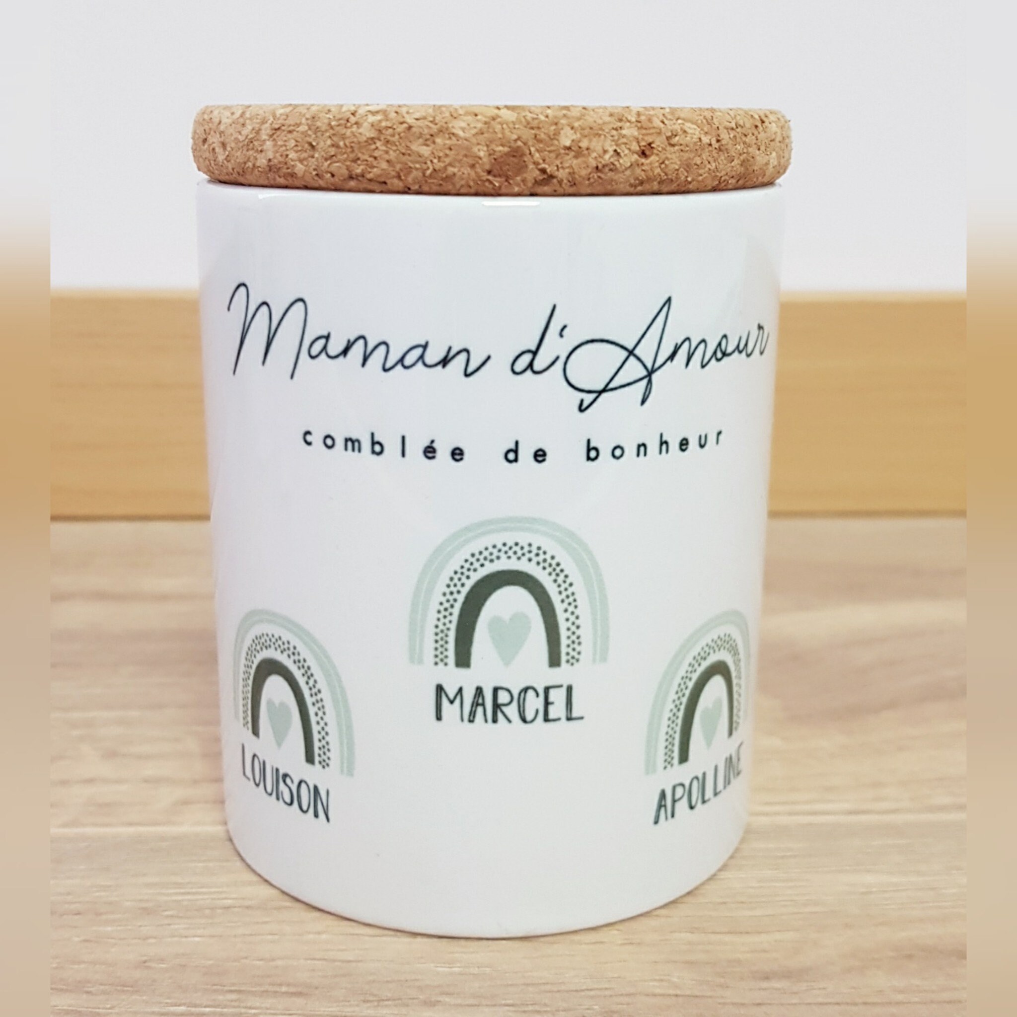 Bougie Pot Céramique/Mini Arc en Ciel Vert Sauge/Bougie Bonne Fête Maman/Bougie Personnalisée Maman/