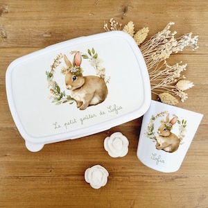 Boite à gouter et gobelet personnalisé/boite à gouter lapin couronne fleurs/gobelet enfant personnalisé/gobelet lapin couronne/kit gouter