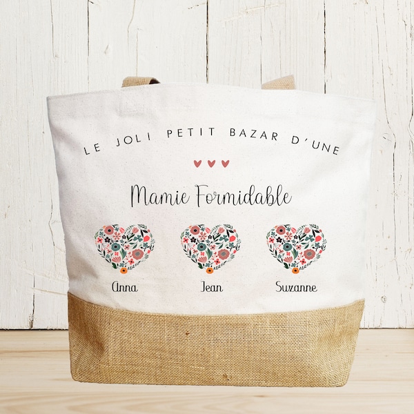 Cabas Coeur fleuri Mamie/sac cabas mamie/cabas jute mamie/cabas mamie personnalisable/cabas fête des grands mères/cabas fête des mamie/mamie