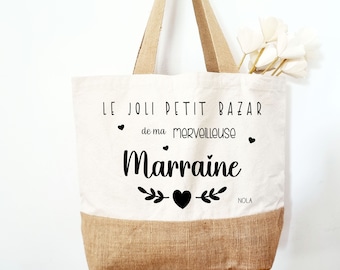 Cabas écru et jute marraine/cabas le petit bazar de ma merveilleuse marraine/sac cabas marraine/cabas marraine personnalisable/marraine