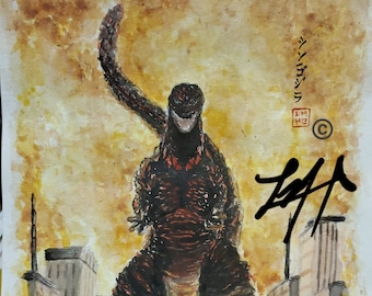 Op de afbeelding: Een aquarel van een rood Godzilla-achtig monster dat voor een stadsbeeld staat. Het monster heeft een lange staart en staat in een verdedigende houding. De aquarel is gesigneerd door de kunstenaar en bevat de Japanse tekst "Godzilla" in de rechterbovenhoek.