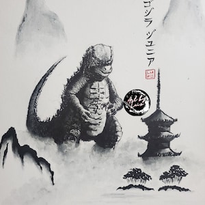 Original 9x12 Japanese ink painting of Godzilla Jr.