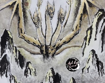 Gold Ghidorah ink style photo prints