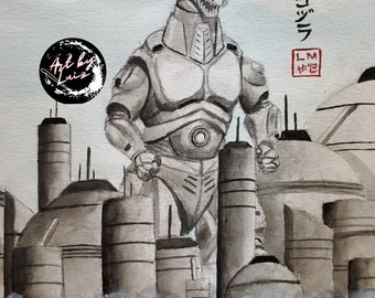 Original Heisei MechaGodzilla II watercolor painting