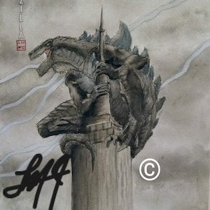 May include: A black and white watercolor illustration of Godzilla, a giant monster, perched on a tall, gray column. The monster is roaring with its mouth open, and its claws are gripping the column. The background is a light gray with streaks of white, suggesting a stormy sky.