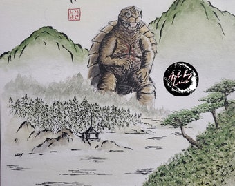 Original 9x12 watercolor painting of Gamera the Brave in Japanese style
