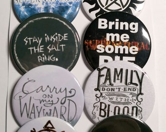 Supernatural pins, fridge magnets, Supernatural badges, pinback buttons