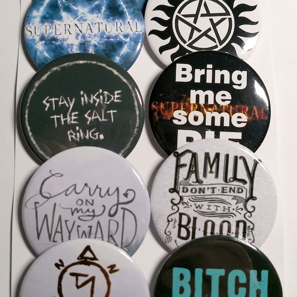 Supernatural pins, fridge magnets, Supernatural badges, pinback buttons