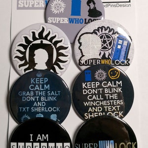 Spille SuperWhoLock, magneti da frigorifero, distintivi SuperWhoLock, spille da baseball
