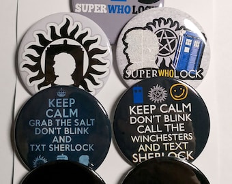 SuperWhoLock pins, fridge magnets, SuperWhoLock badges, pinback bu