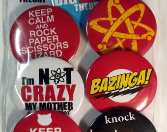 De Big Bang Theory pinnen, koelkast magneten, TBBT badges, TBBT Pinback knoppen