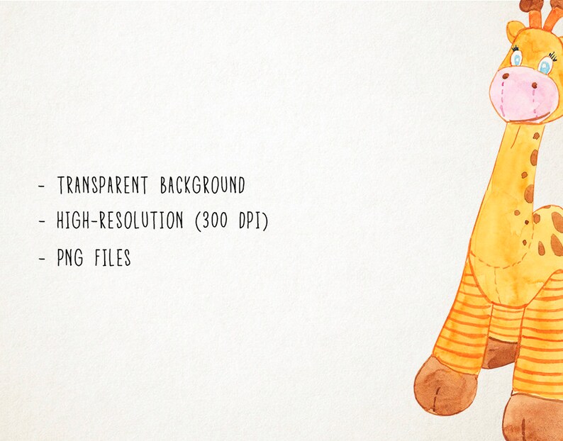 May include: A watercolor illustration of a yellow and brown stuffed giraffe toy with a pink nose and blue eyes. The giraffe is standing on a white background.