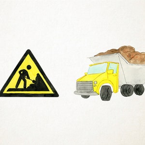 May include: A yellow and black construction warning sign with a stick figure holding a shovel. A yellow dump truck with a gray bed is filled with brown dirt.
