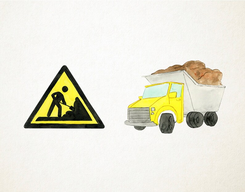 May include: A yellow and black construction warning sign with a stick figure holding a shovel. A yellow dump truck with a gray bed is filled with brown dirt.