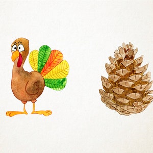 Peut inclure: Une peinture &agrave; l'aquarelle d'une dinde de dessin anim&eacute; avec une queue color&eacute;e et une pomme de pin brune.