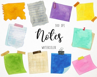 Clipart de notas em aquarela, gráficos de notas, clipart de papel de nota, clipart de notas post-it, clipart de notas adesivas, clipart Goodnotes, notas digitais