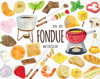 Clipart de fondue em aquarela, gráficos de fondue, ilustração de fondue, clipart de fondue de queijo, clipart de fondue de chocolate Fondue Doodles Fondue Party