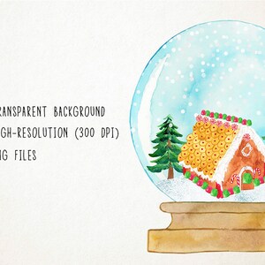 May include: Watercolor illustration of a gingerbread house inside a snow globe. The house has a candy roof, red and green accents, and is flanked by two green pine trees. The snow globe sits on a wooden base.