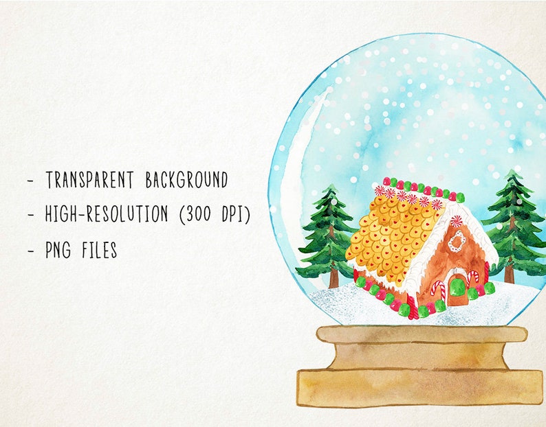 May include: Watercolor illustration of a gingerbread house inside a snow globe. The house has a candy roof, red and green accents, and is flanked by two green pine trees. The snow globe sits on a wooden base.