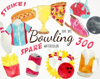 Watercolor Bowling Clipart, Bowling Clip Art, Bowling Night Clipart, Bowling Party Graphics, Bowling Ball Clipart, Pins Clipart, Cup Clipart