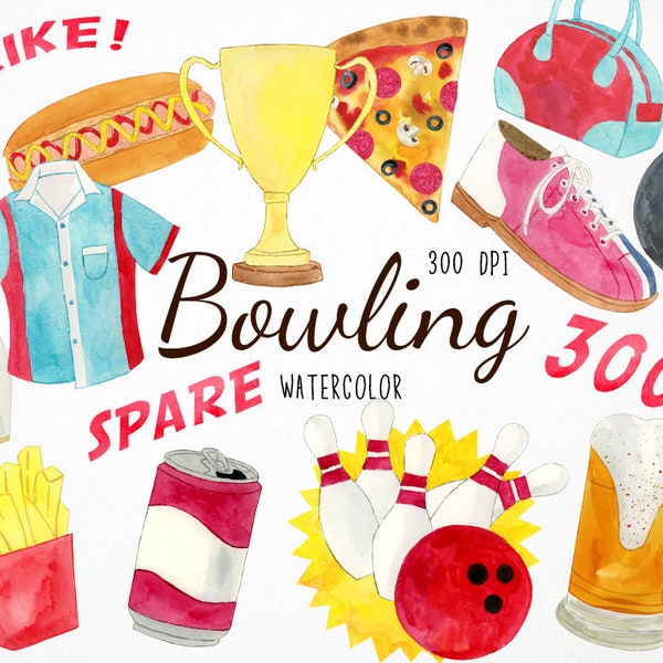 Watercolor Bowling Clipart, Bowling Clip Art, Bowling Night Clipart, Bowling Party Graphics, Bowling Ball Clipart, Pins Clipart, Cup Clipart