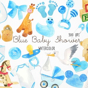 May include: Blue watercolor baby shower clipart set featuring a rocking horse, a teddy bear, a baby bottle, a pacifier, a baby carriage, a stork, a blue balloon, a bib, a pair of booties, a rattle, a blue bow, a giraffe, a duck, a hat, and blocks that spell "ABC".