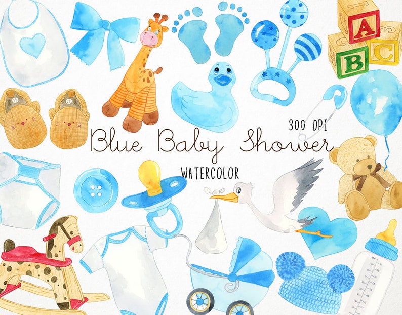 May include: Blue watercolor baby shower clipart set featuring a rocking horse, a teddy bear, a baby bottle, a pacifier, a baby carriage, a stork, a blue balloon, a bib, a pair of booties, a rattle, a blue bow, a giraffe, a duck, a hat, and blocks that spell "ABC".