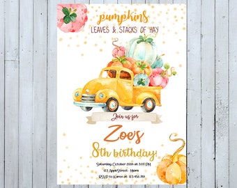 May include: Watercolor invitation featuring a yellow truck filled with pumpkins. The text reads "pumpkins, leaves & stacks of hay" and "Zoe's 8th birthday!" with event details. The design includes orange and pink accents.