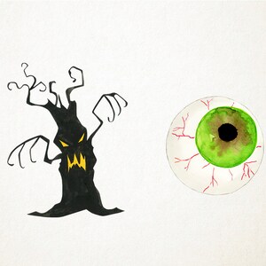 May include: A black tree with a scary face and a green eye with red veins. Halloween themed illustration.