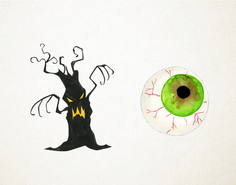 May include: A black tree with a scary face and a green eye with red veins. Halloween themed illustration.