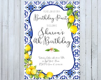 Lemons Birthday Invitation, Lemons Invitation, Blue Tiles Birthday Invitation, Blue Tiles Invitation, Positano Invitation, Summer Invitation