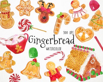 Gingerbread Clipart, Watercolor Christmas Clipart, Christmas Watercolor Clipart Christmas Cookie Clipart Gingerbread House Clipart Candycane