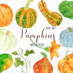 May include: Watercolor illustration of various pumpkins in shades of orange, green, and blue. The image includes pumpkins of different shapes and sizes, with the word "Pumpkins" and "Watercolor" in script.