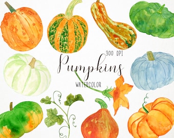Watercolor Pumpkins Clipart, Fall Clip Art, Thanksgiving, Harvest, Halloween, Jack O Lantern, Pumpkins and Leaves, Autumn Clipart
