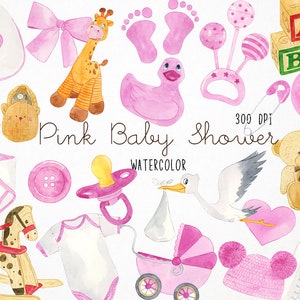 May include: Pink watercolor illustrations of baby shower items, including a giraffe, a rocking horse, a baby bottle, a pacifier, a baby carriage, a teddy bear, a stork, a diaper, a hat, a pair of booties, a rattle, a duck, a heart, a button, a bow, and a set of alphabet blocks.