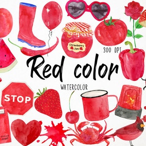 Könnte beinhalten: Aquarell-Illustrationen von verschiedenen roten Objekten, darunter ein Erdbeermarmeladen-Glas, ein Stoppschild, eine Wassermelone, ein Marienkäfer, ein Feuerhydrant, ein roter Kardinal, eine Tasse, eine Paprika, eine Tomate, ein Herz, eine Stecknadel, ein Notizbuch, eine Sonnenbrille, ein Stiefel, eine Chilischote, ein Pilz, eine Kirsche, ein Krebs, eine Erdbeere und ein roter Farbklecks. Der Text "Red color watercolor" ist in Schwarz geschrieben.