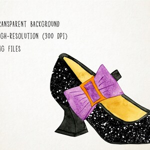 May include: A black high-heeled shoe with a sparkly finish and a purple bow with an orange buckle.