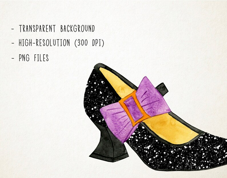 May include: A black high-heeled shoe with a sparkly finish and a purple bow with an orange buckle.