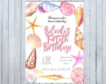 Seashells Birthday Invitation, Seashels Invitation, Seashells Invite, Nautical Invitation Adult Birthday Invitation Under the Sea Invitation