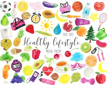 Watercolor Healthy Lifestyle Clipart, Healthy Life Clipart, Fitness Clipart, Healthy Graphics, Health Clipart, Live Health Clipart