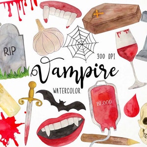Watercolor Vampire Clipart, Vampire Graphics, Halloween Clipart, Gothic Clipart, Blood Clipart, Cemetery Clipart, Graveyard Clipart, Bite
