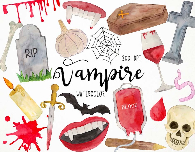 May include: Watercolor illustrations of vampire themed items, including a coffin, a cross, a blood bag, a garlic bulb, a bat, a skull, a candle, a sword, a wine glass, a tombstone, a spider web, and a blood splatter.