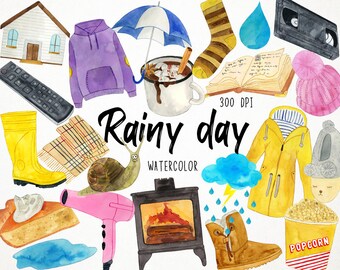 Watercolor Rainy Day Clipart, Raining Clipart, Rain Clipart, Cozy Clipart, Winter Clipart, Fall Clipart, Autumn Clipart, Warm Clipart
