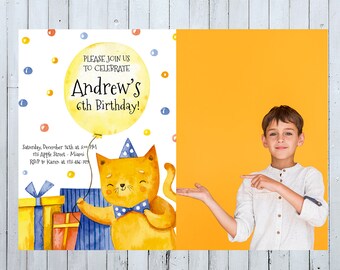 Invitación de cumpleaños del gato con la foto, invitación del gato con la imagen, invitación del cumpleaños de la gatita, invitación del cumpleaños del gatito, invitación del gatito
