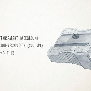 May include: Watercolor illustration of a gray pencil sharpener. The sharpener is depicted in a side view, showcasing its blade and the hole for inserting a pencil. The image includes text: Transparent Background, High-Resolution (300 DPI), PNG Files.